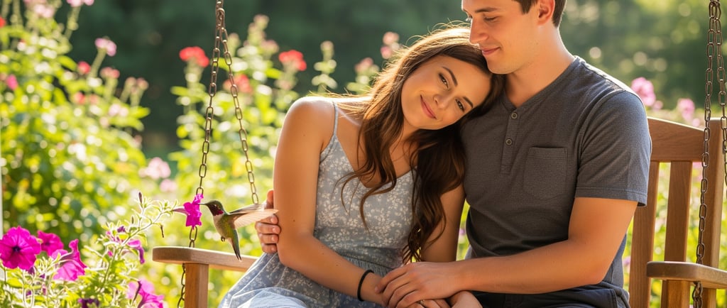 a man and woman sitting on a swing