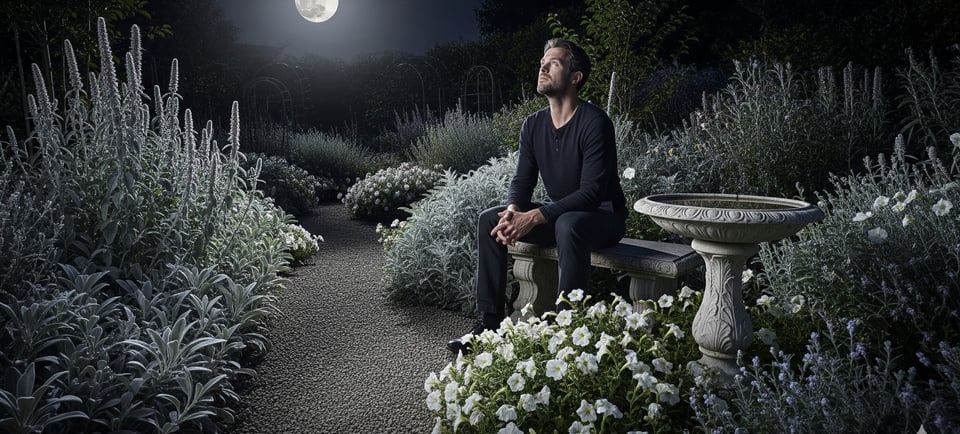 a man sitting on a bench in a garden
