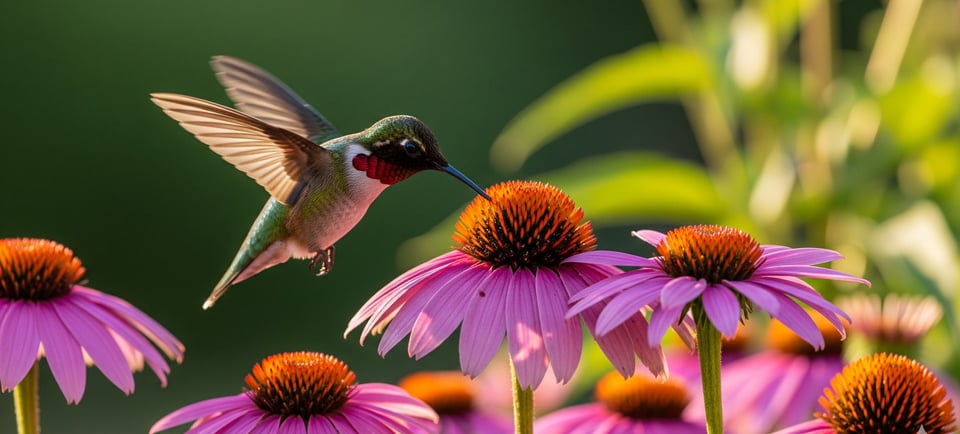 a hummingbird flying over a flower in a field