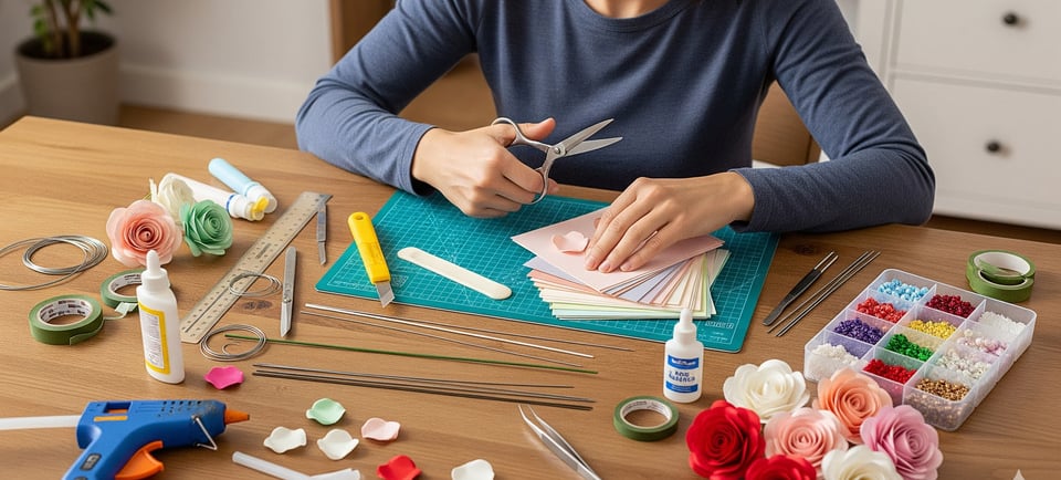 a woman is sitting at a table with a bunch of craft supplies