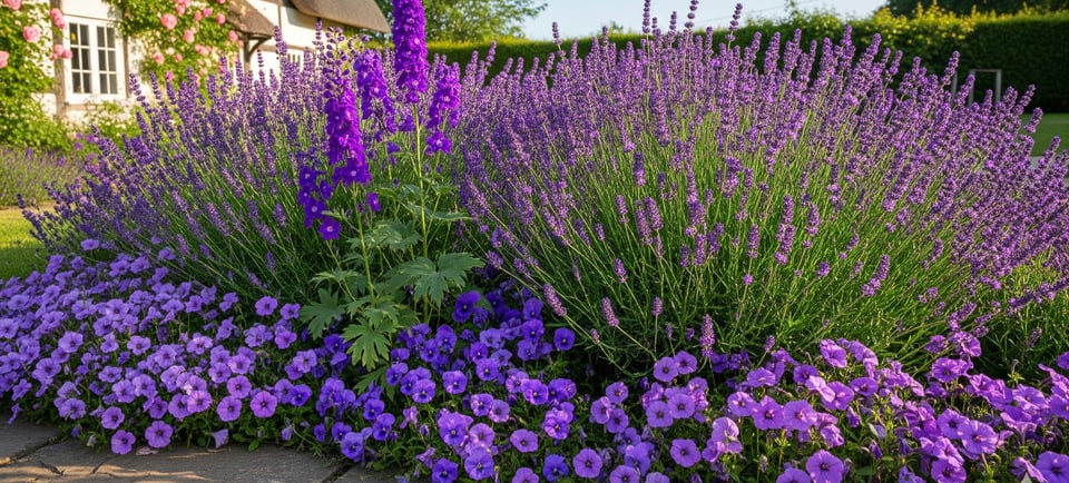 a garden with purple flowers and a house in the background