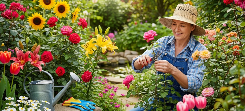 a woman in a hat and overalls is sitting on a bench in a garden