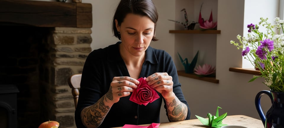 a woman is holding a paper rose in her hands