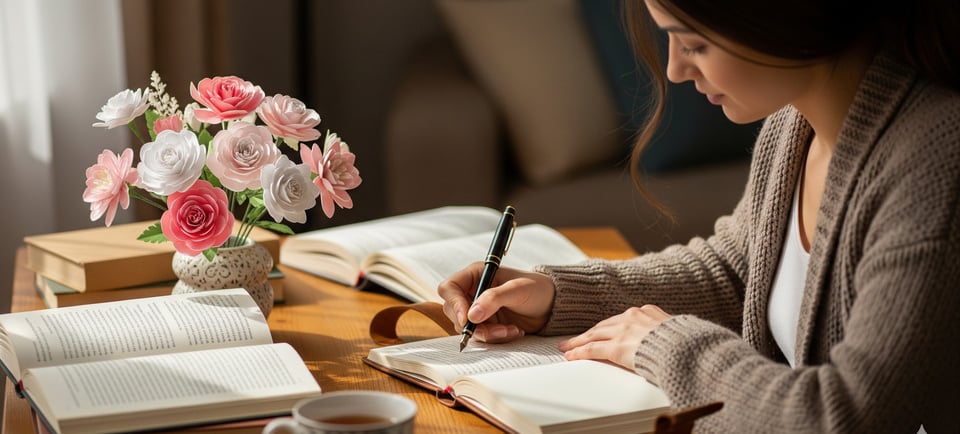 a woman is writing in a book and holding a pen