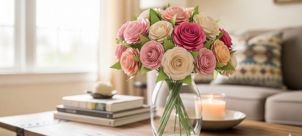 a vase with a vase of roses in a living room