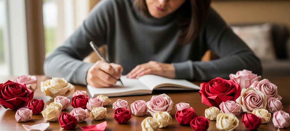 a woman is writing a book with a pen and a notebook