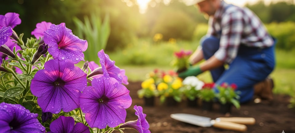 a man is working in a garden with a garden tool