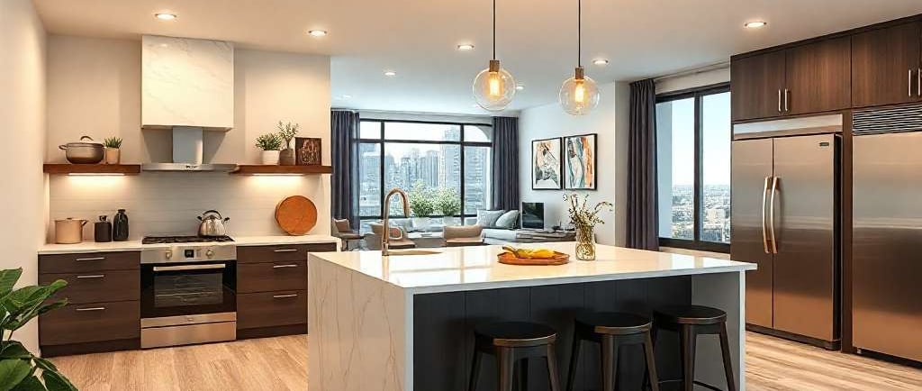 a kitchen with a large window and a refrigerator