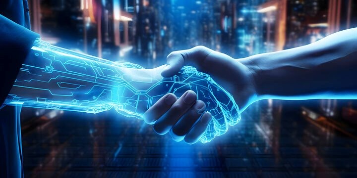 a person shaking hands with a futuristic interface