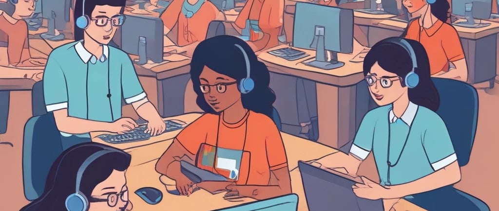 A diverse group of virtual assistants collaborating over laptops in a bright office space.