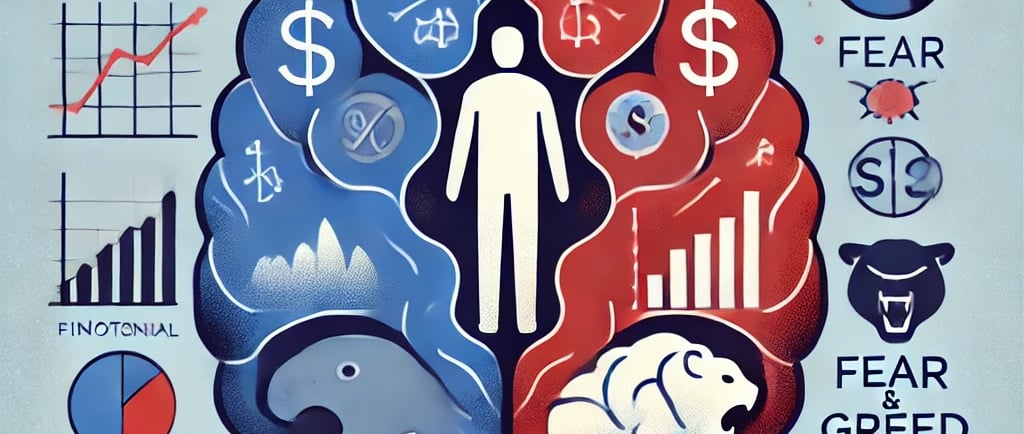 Cervello diviso tra razionalità e emozioni negli investimenti, grafici e simboli di paura e avidità