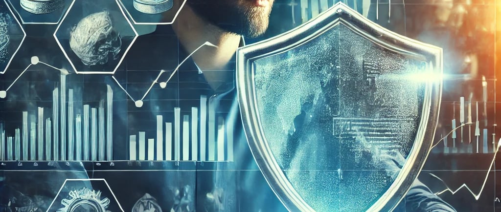 gestione del rischio finanziario, con simboli di protezione, diversificazione degli asset analisi