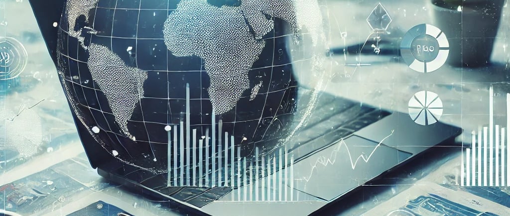 investimento in borsa rappresentato da un laptop e da un mondo con grafici a barre