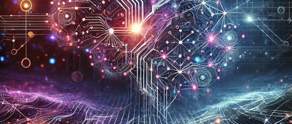 Rappresentazione astratta e futuristica del machine learning, con reti neurali e flusso di dati