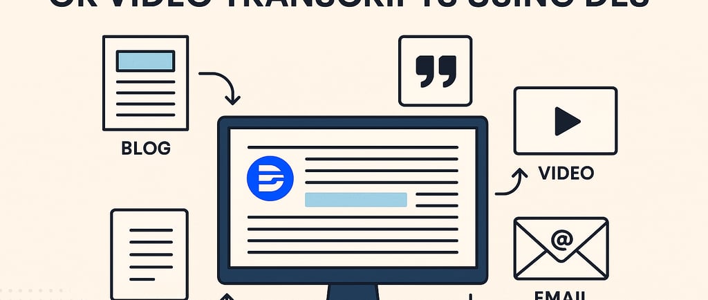 Infographic showing a computer screen with a Descript transcript in the center, surrounded by icons 