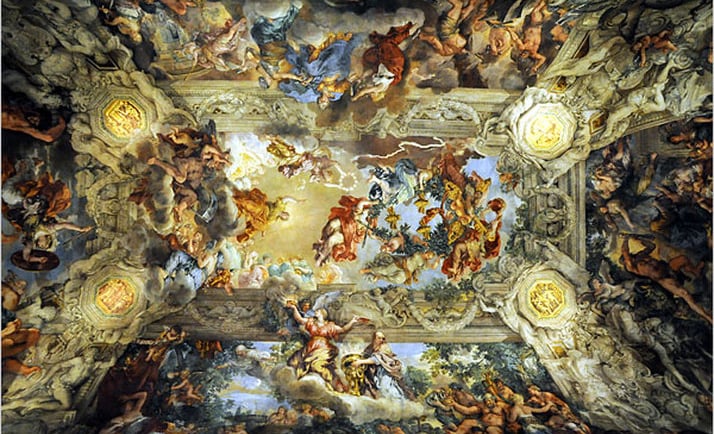 a ceiling of a ceiling with a ceiling painted with a painting of a ceiling