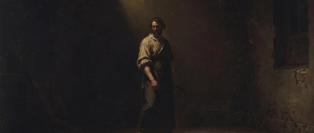 Dramatic oil painting of a man standing in a dark prison cell illuminated by a shaft of sunlight.