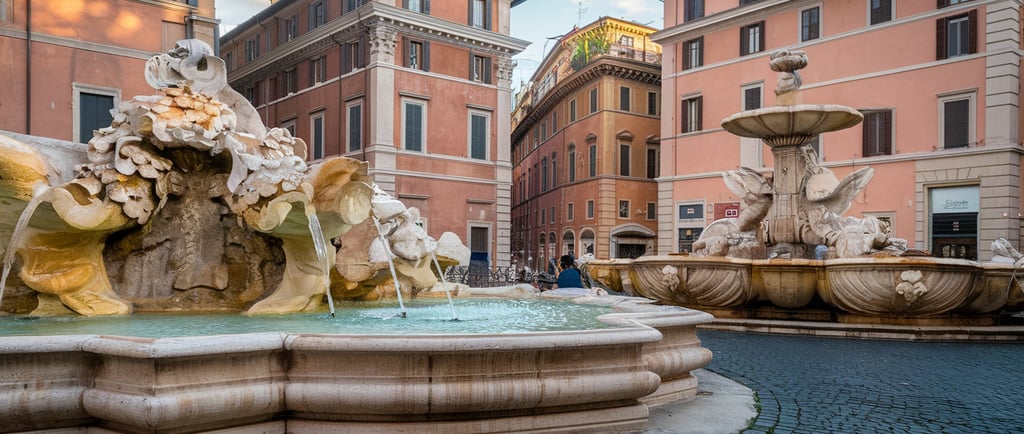 a fountain with a fountain in the middle of a courtyard