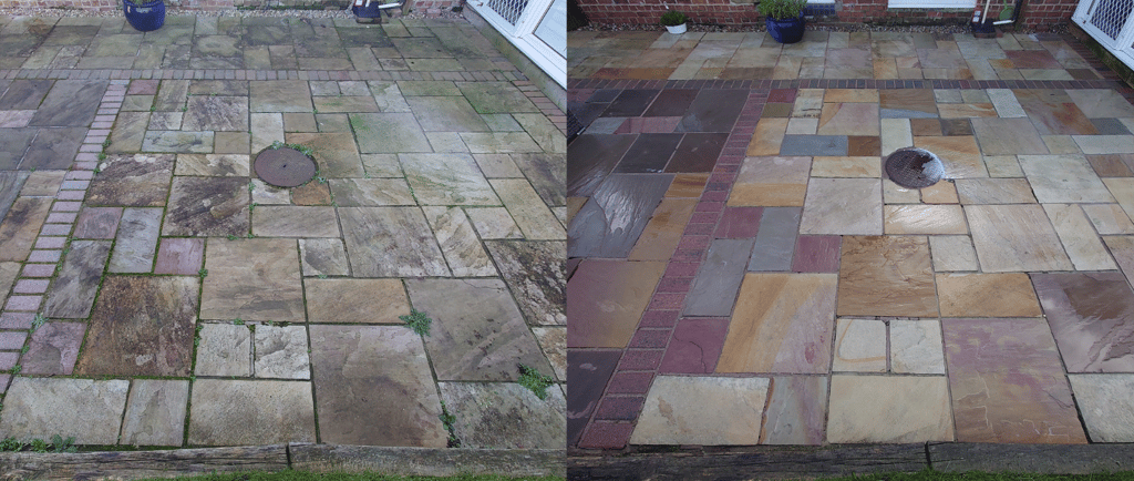 before and after pressure washed patio