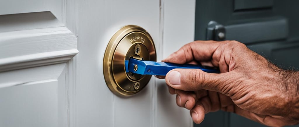 A close-up view of hands installing a deadbolt lock onto a residential door using precise measuremen