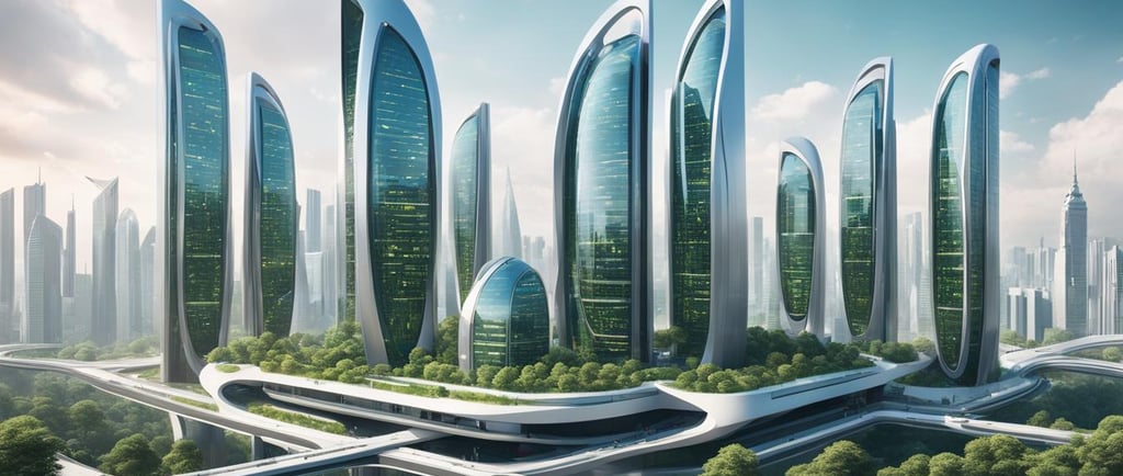 Show a futuristic city skyline with multiple tall buildings