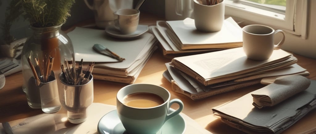 A cozy workspace featuring pastel-colored art supplies and a coloring book.