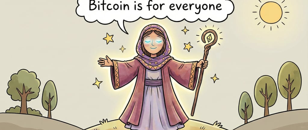 Female mystic holding staff with arms outstretched, speech bubble reads "Bitcoin is for everyone".