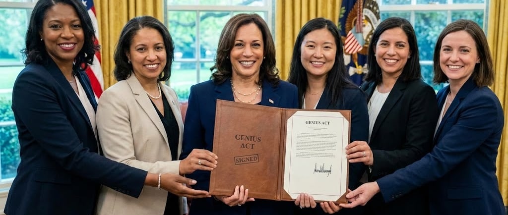 A female leader holding the Genius Act, representing a stable economy and stablecoin adoption.