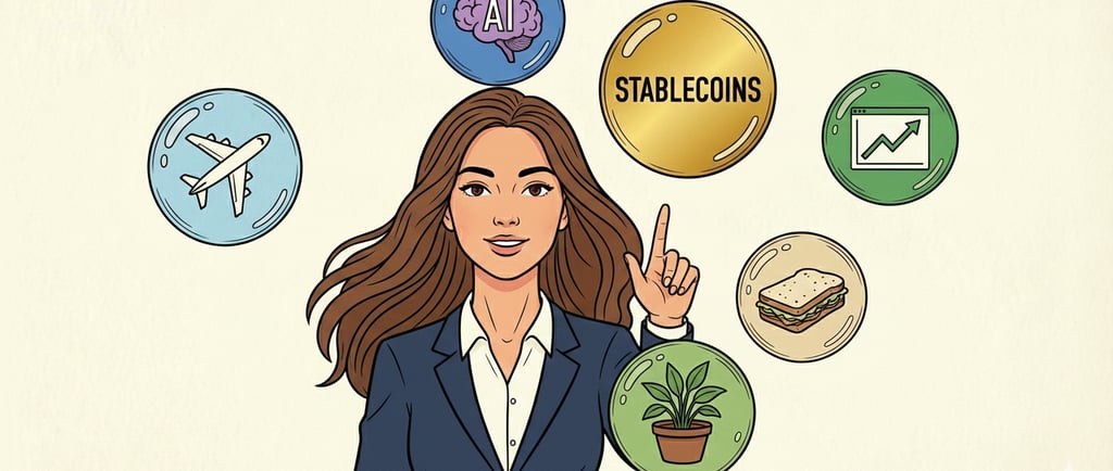 A woman in a business suit points to a large coin labeled STABLECOINS surrounded by various topics