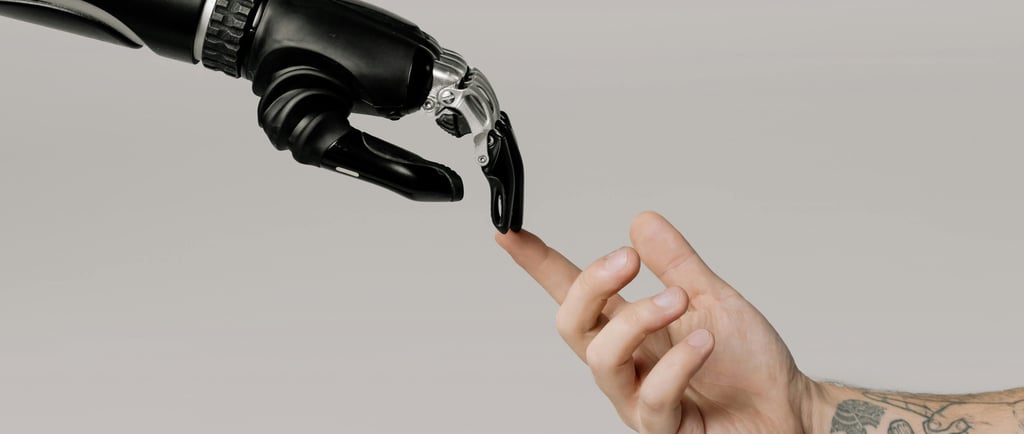Human hand connecting with robotic hand representing collaboration between AI technology and thedigiwold.in