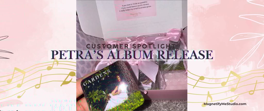 Custom photo magnets in elegant pink packaging for Petra’s album release – Magnetify Me Studio custo