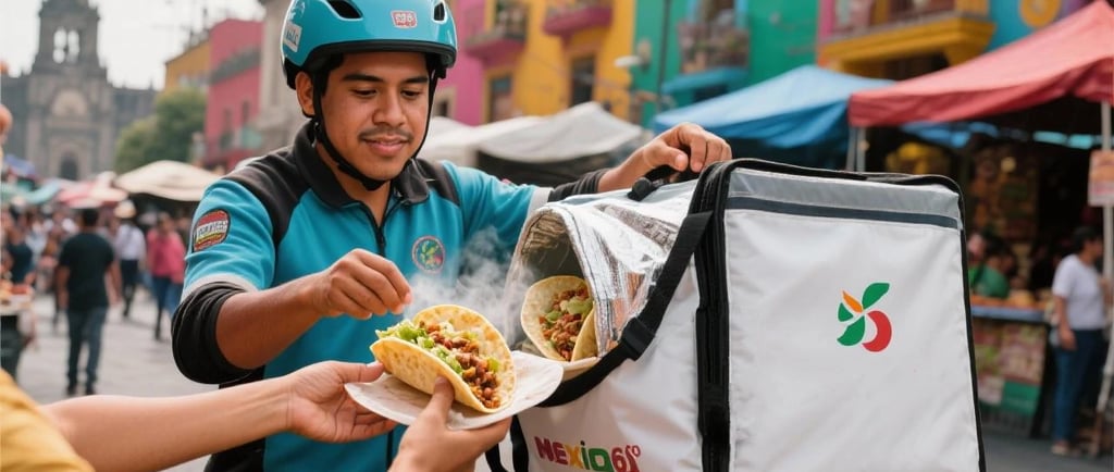 Courier handing over a bag with a prominent logo to a customer, emphasizing brand exposure
