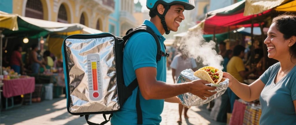 Repartidor latinoamericano seguro de sí mismo dando pulgar arriba junto a su moto con mochila térmic