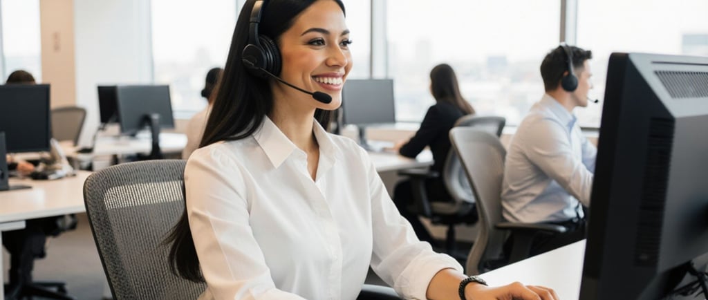 A professional latina beautiful woman with long, sleek black hair styled in soft waves, wearing a white blouse with rolled sl