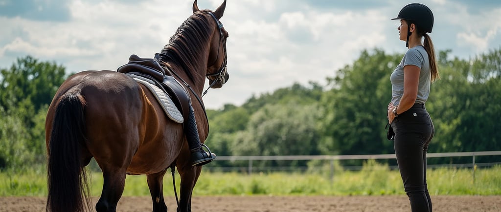 a woman in a helmet and riding boots stands in front of a horse