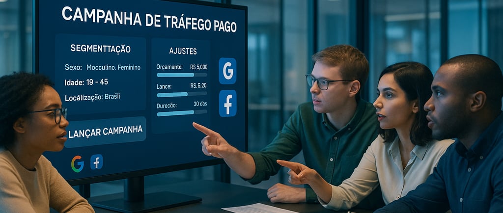 equipe analisando campanha de tráfego pago