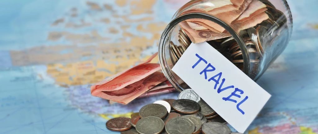 a jar of coins and a travel tag on a map of the world