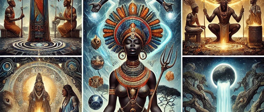 Iconic imagery spanning Nigerian Mythjology and scenes that depict rituals