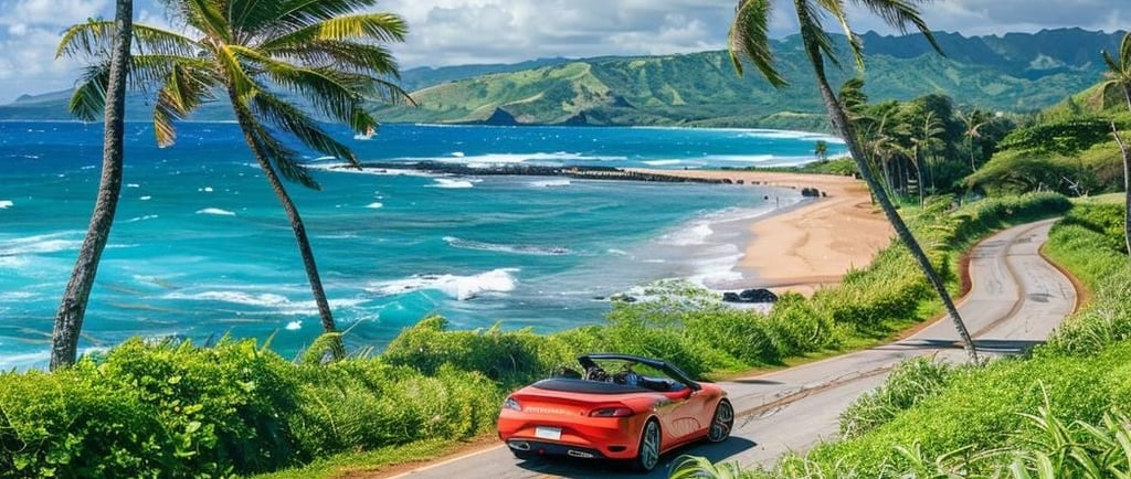 Voiture roulant le long d'une plage à Hawaii - image créée par Intelligence Artificielle