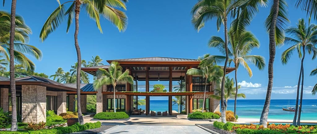 Entrée d'un hôtel à Hawaii - image créée par Intelligence Artificielle