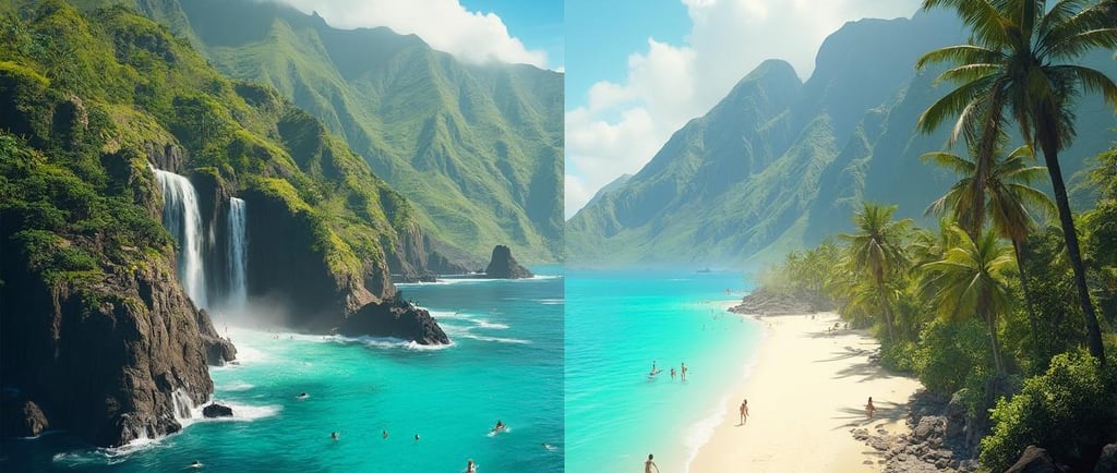 Comparaison Hawaii Tahiti - image créée par Intelligence Artificielle