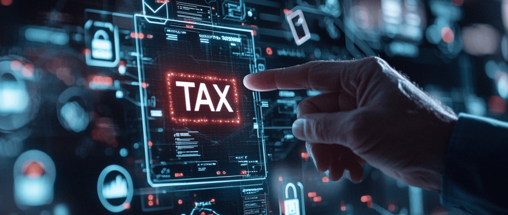 Hand with finger pointing to a touch screen that says tax