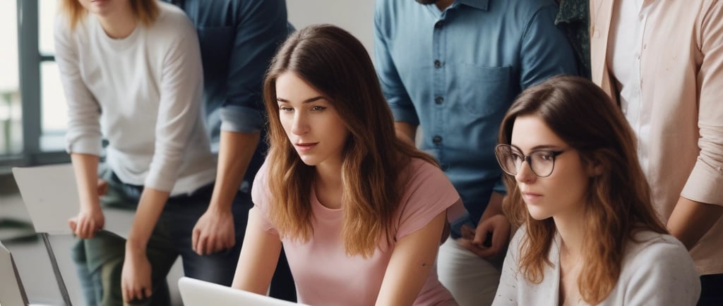 men and women sitting and standing while staring at laptop