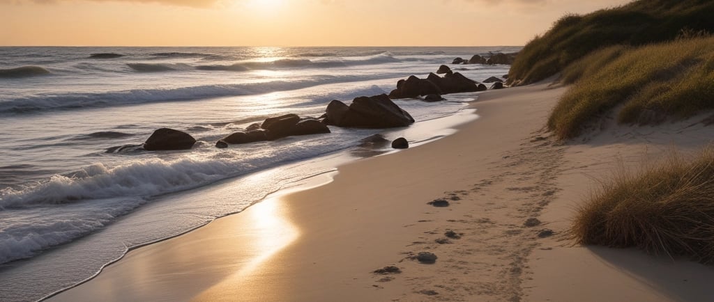 Soft natural light and shoreline creating a calm, grounding atmosphere