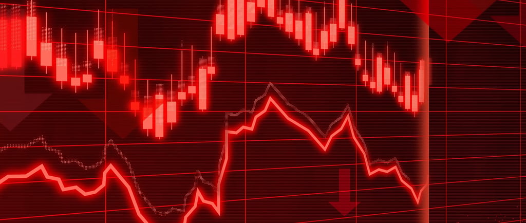 red financial market arrows pointing down symbolizing recession