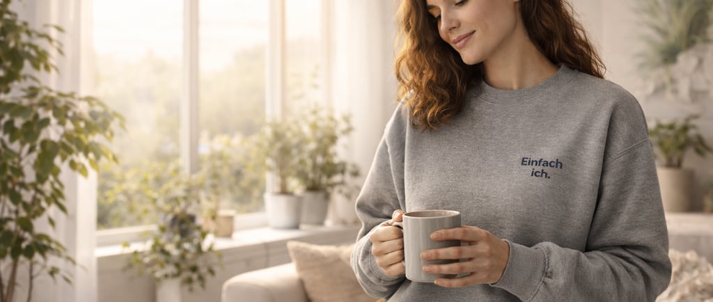 Junge Frau im grauen „Einfach ich.“ Sweatshirt mit Stickerei steht im hellen Wohnzimmer am Fenster