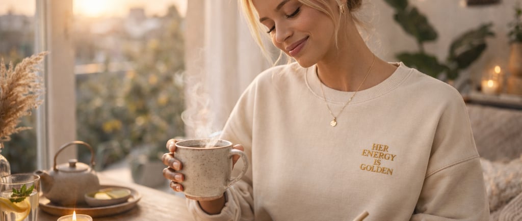 Blonde Frau schreibt morgens in ihr Journal und trägt einen beigen „Her Energy Is Golden“ Sweatshirt