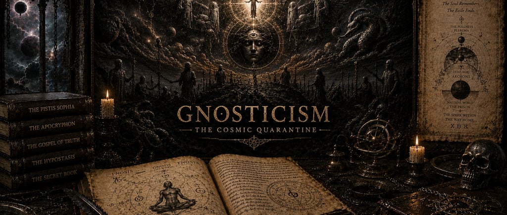 Gnosticism-themed dark fantasy art featuring an open ancient book, candles, a skull, and intricate cosmic diagrams.
