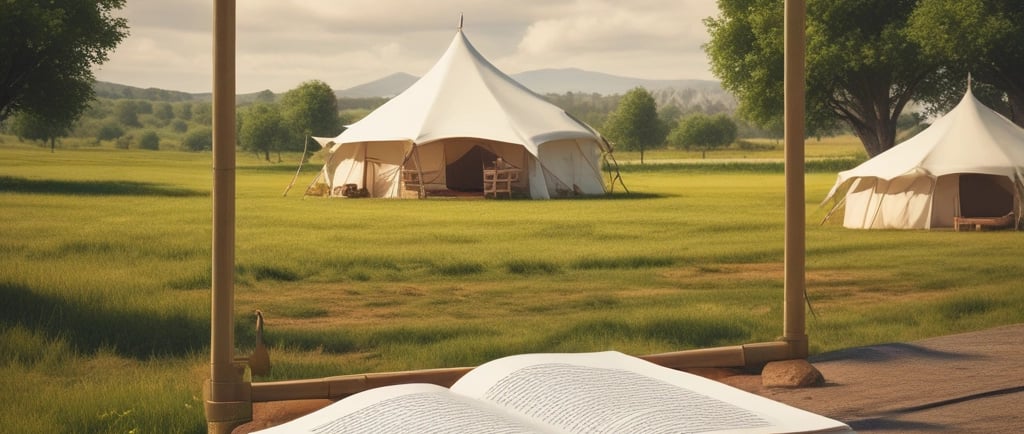 tent revival on a farm, with an open book on an old wooden table