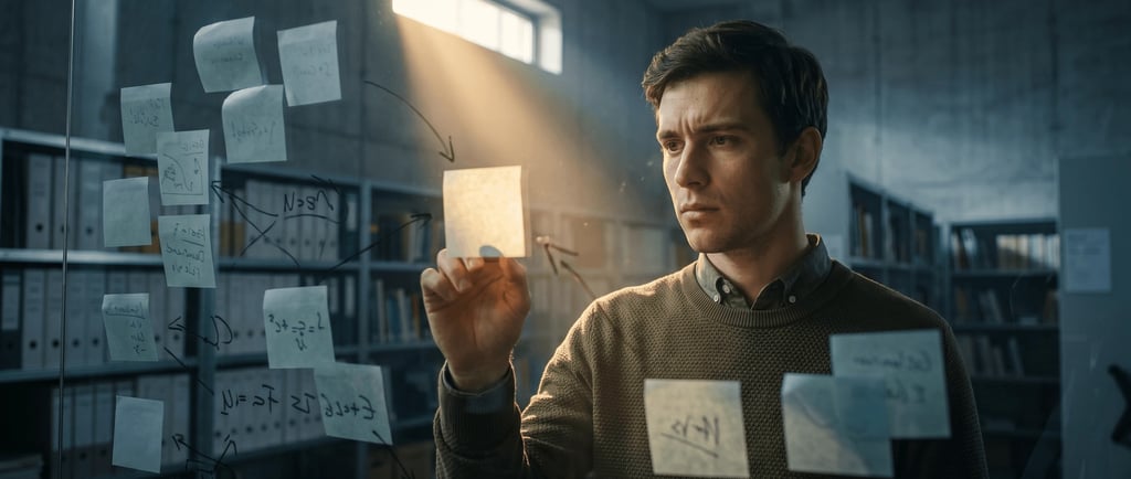 Joven investigador organizando notas en un panel para encontrar una idea de investigación